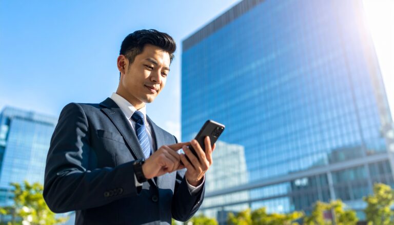 Ein lächelnder Geschäftsmann im Anzug benutzt sein Smartphone vor einem modernen Bürogebäude aus Glas an einem sonnigen Tag.