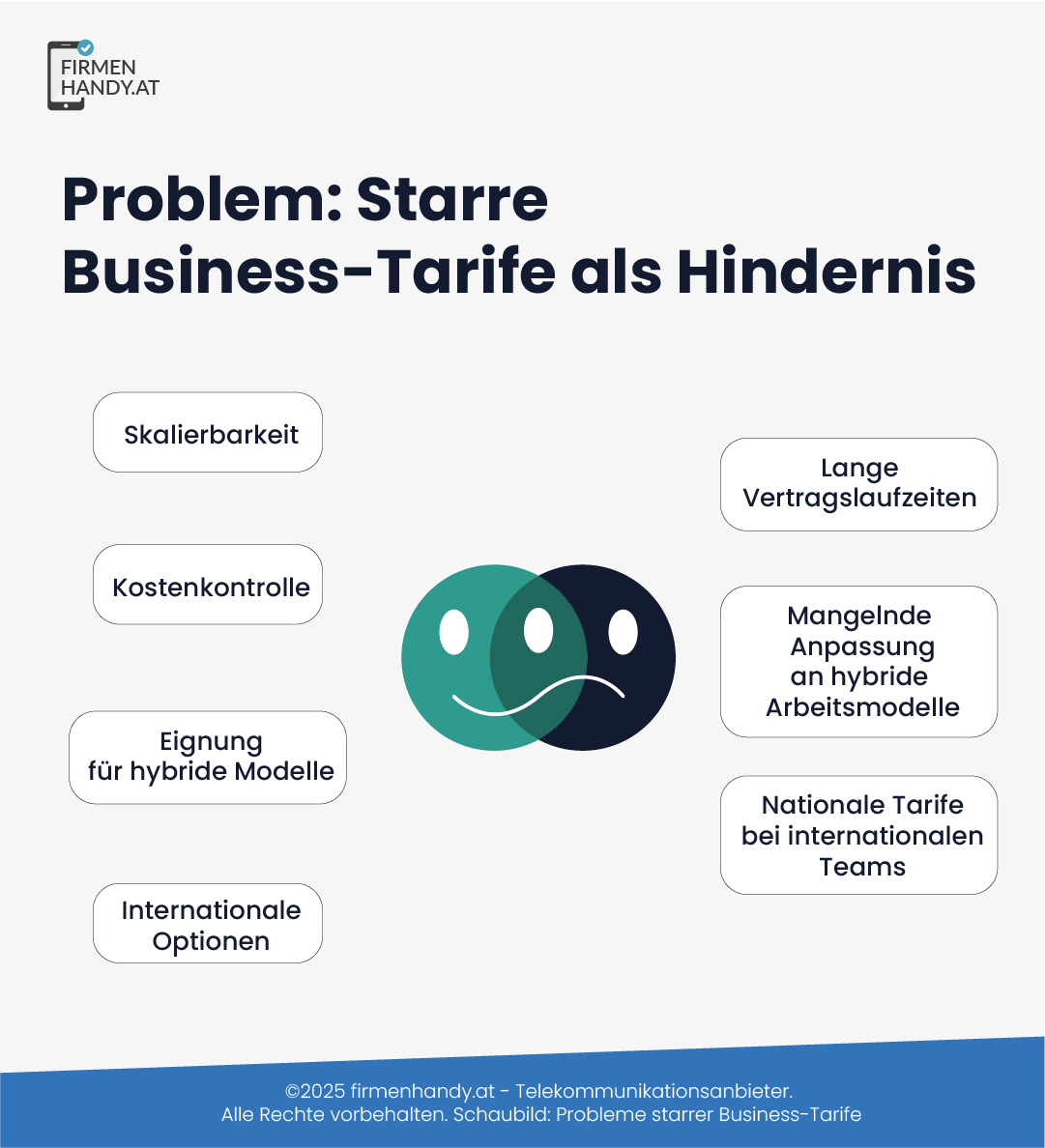 Infografik "Problem: Fehlende Flexibilität bei Business-Tarifen" mit Emojis und Nachteilen wie geringe Skalierbarkeit.