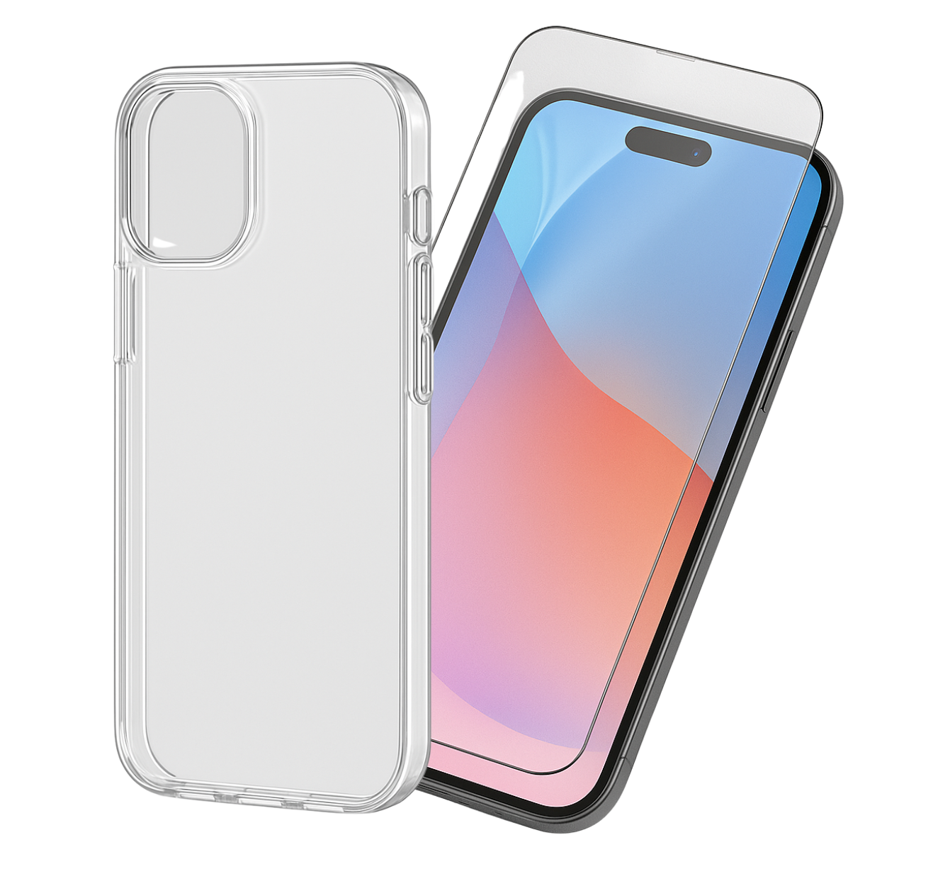 Transparentes Handycase und Displayschutz neben Smartphone; Preis: 14,90 € statt 19,99 € zzgl. MwSt. 20% MwSt., Text auf Deutsch.