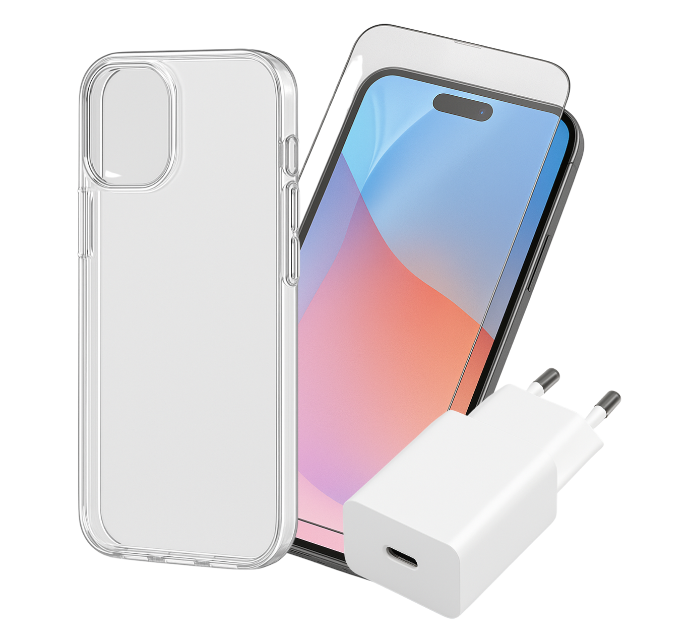 Klare Handyhülle, Smartphone mit Schutzfolie, weißes Ladegerät. Text: "EUR 14,90 statt 19,99. exkl. MwSt. 20 % Ust.