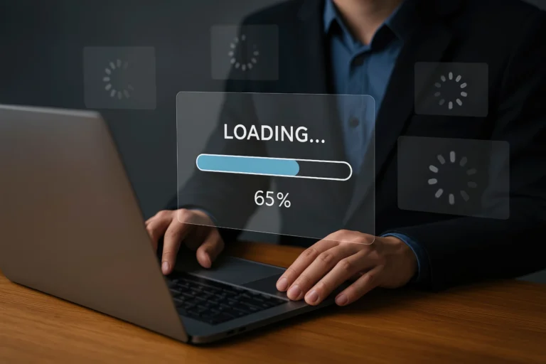Person in Geschäftskleidung, die auf einem Laptop tippt; der Bildschirm zeigt einen 65%igen Ladebalken und mehrere Ladesymbole.