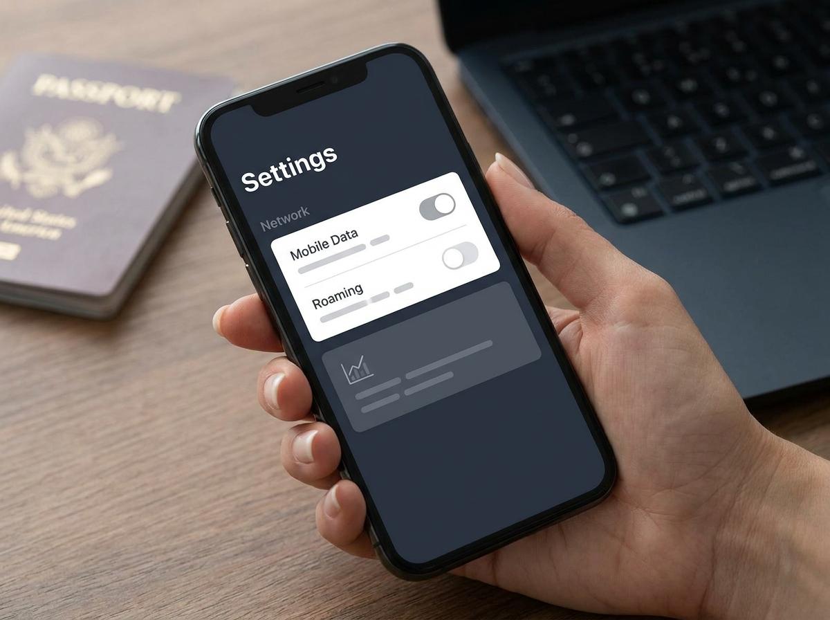 Hand hält Smartphone mit Einstellungsmenü für mobile Daten und Roaming, um unerwartete Kosten bei der Telefonie im Ausland zu vermeiden.