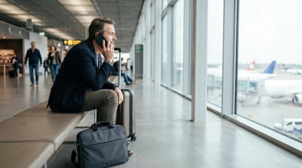 Ein Reisender telefoniert im Flughafen-Terminal, was die Bedeutung von Telefonie im Ausland oder auf Reisen unterstreicht.